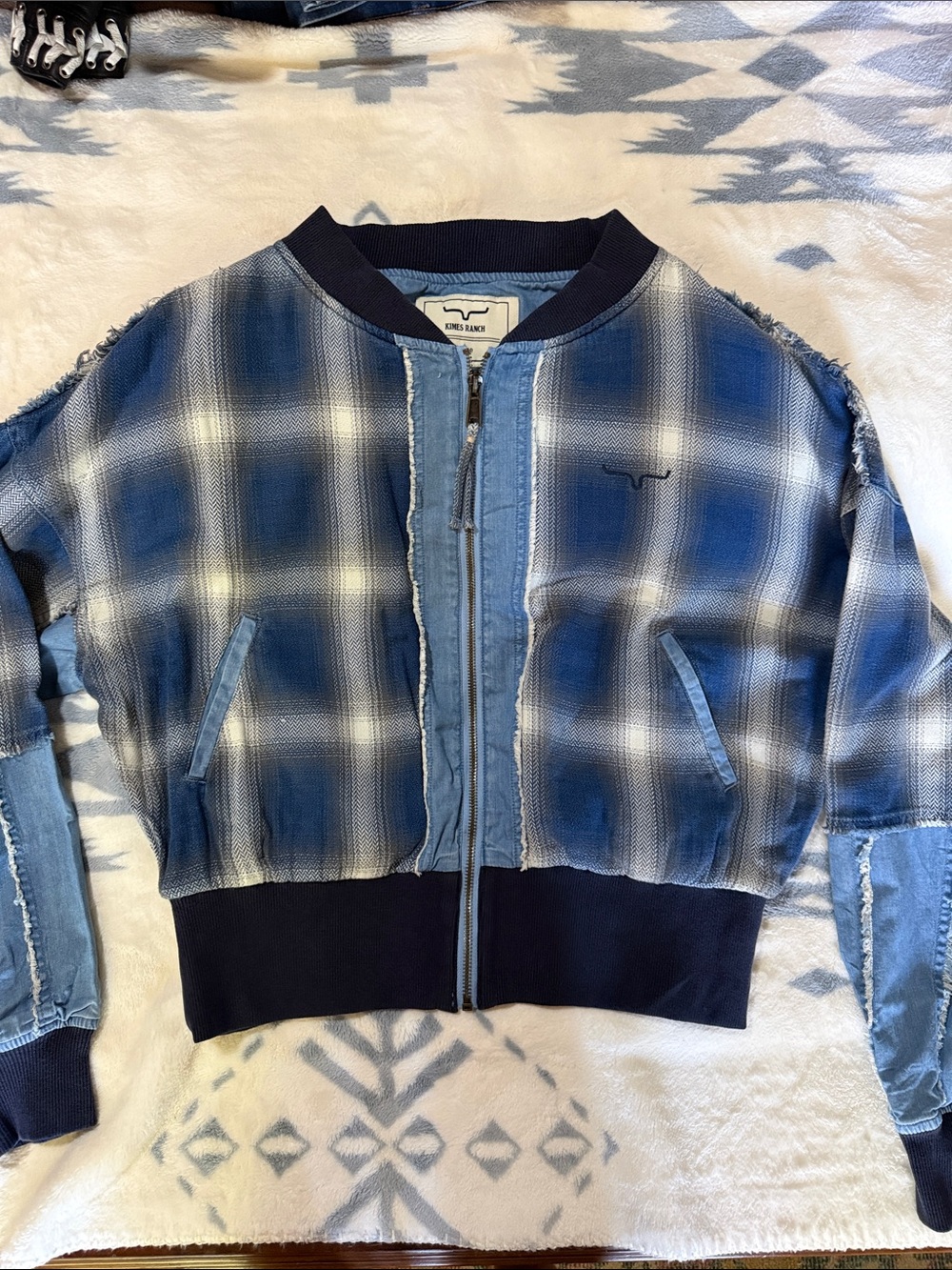 Kimes Ranch Blue White Plaid Jean Bomber Jacket